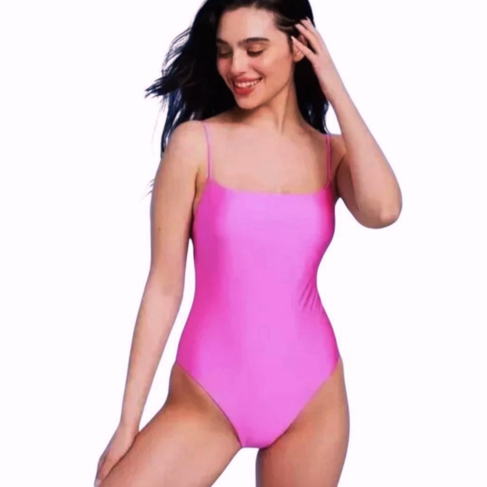 Shade & Shore Women's Sz L Pink Square Neck Cheeky One-Pc Swimsuit NWT $30‎